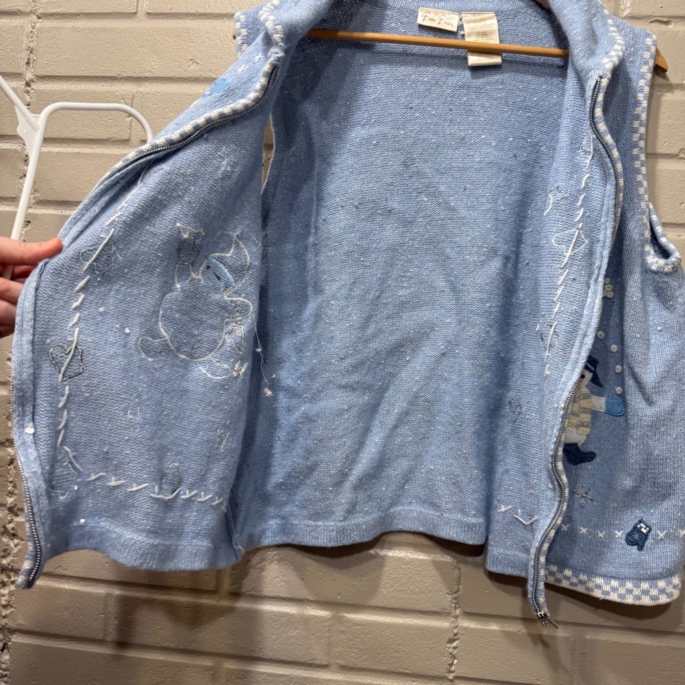 Vintage Bobbie Brooks Vest Angora Blend Blue Snowman‎ Knit Sweater Zip Front M/L - Picture 4 of 13